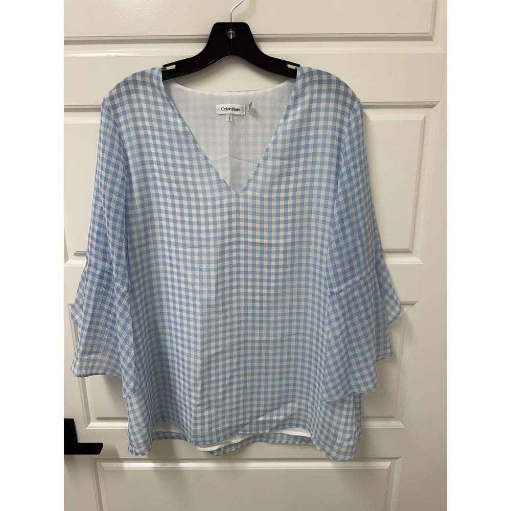 Calvin Klein Womens Blue White Gingham Sheer Tunic Blouse V-Neck Bell Sleeve L